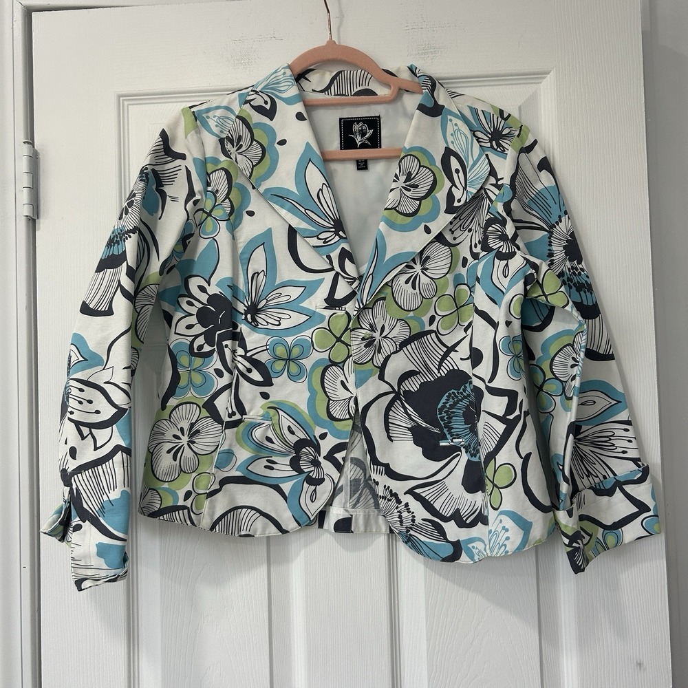 Abbie Mags Women's Size Medium 100% Cotton Floral Blazer White‎ Blue Green
